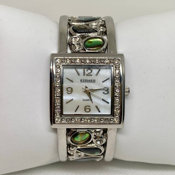 Kessaris women abalone silver tone cuff bracelet watch 30mm mop dial 7” running - Picture 1 of 7